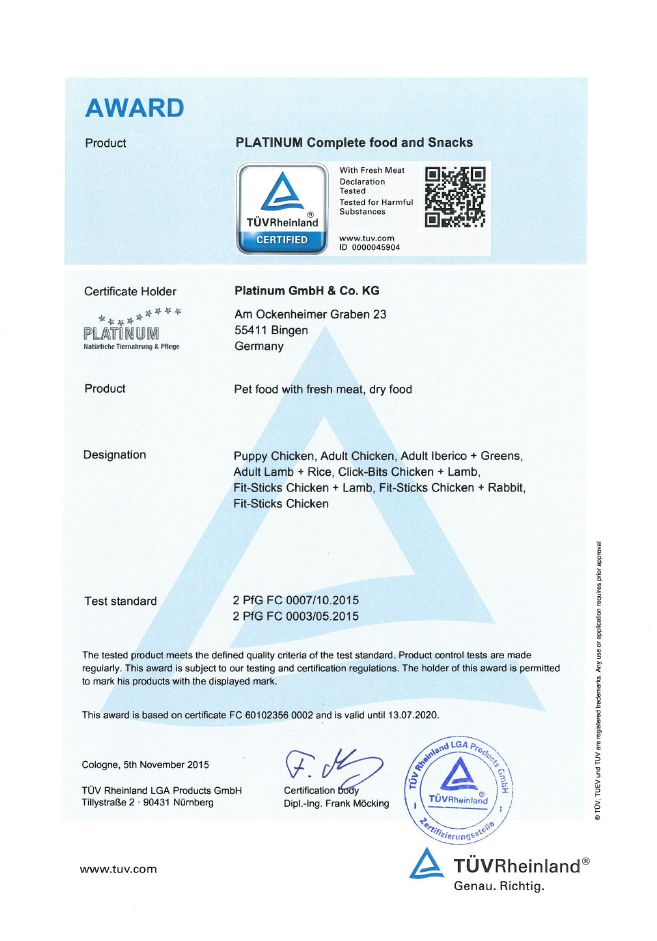 TÜV sertifikaat Platinum kuivtoit