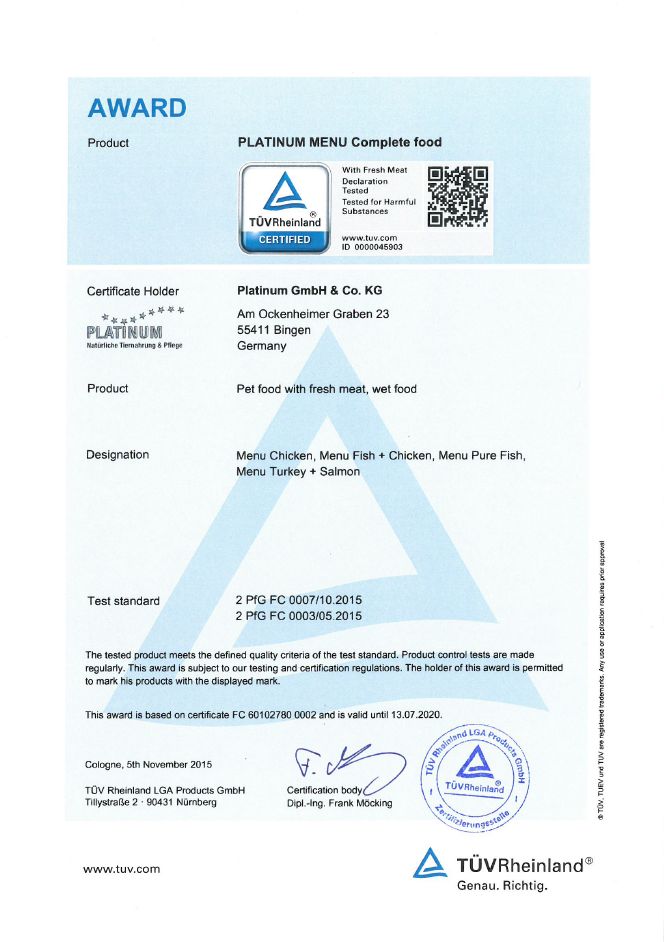 TÜV sertifikaat Platinum märgtoit